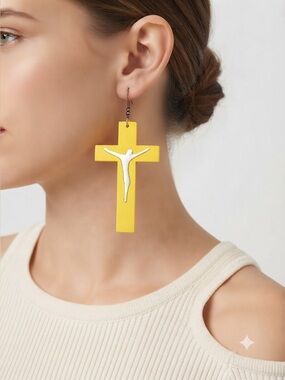 Yellow Cross Earrings with Silver Accent Faith Statement Dangle Earrings